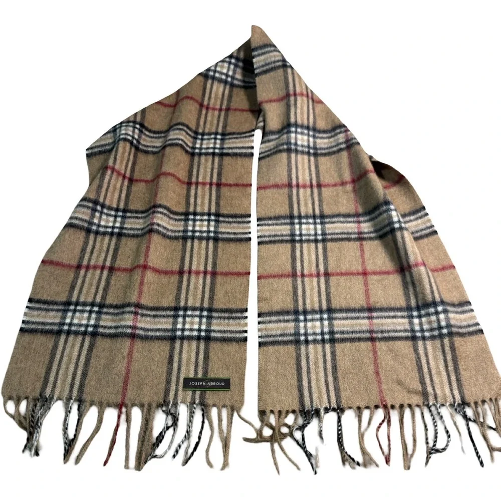 Joseph Abboud 100%‎ Wool Plaid Scarf Camel Nova Check Fringe 52x12